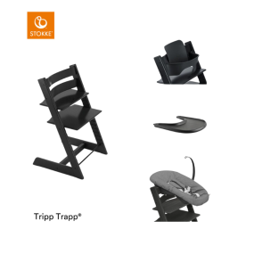 Stokke® Kinderstoel Tripp Trapp® Black + Newborn Set™ Anthracite + Baby Set™ Black + Tray™