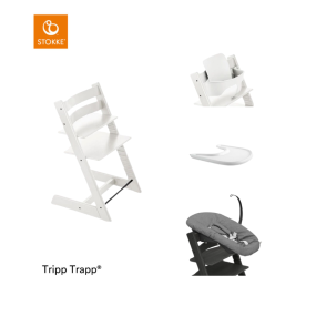 Stokke® Kinderstoel Tripp Trapp® White + Newborn Set™ Anthracite + Baby Set™ White + Tray™
