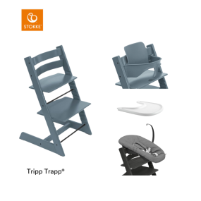 Stokke® Kinderstoel Tripp Trapp® Fjord Blue + Newborn Set™ Anthracite + Baby Set™ Fjord Blue + Tray™