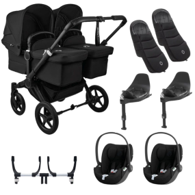 Bugaboo Donkey 5 Tweeling Kinderwagen 3 In 1 Black Midnight Black Met Twee Cybex Cloud T Groep 0 Autostoelen + Isofix Base + Voetenzak