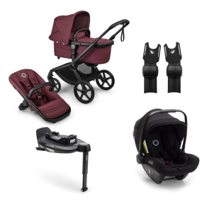 Bugaboo Kinderwagen 3 in 1 Fox 5 Renew Complete Black | Dark Cherry + Bugaboo Autostoel Groep 0 Turtle Air by Nuna Black + Draaibare Isofix Base 360 + Autostoel adapters