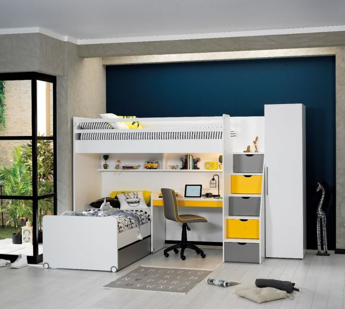 Neo Hoogslaper Met Bed + Bureau Klein + Kast 1 Deurs Geel | Baby \u0026 Tiener  Megastore