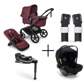 Bugaboo Kinderwagen 3 in 1 Fox 5 Renew Complete Black | Dark Cherry + Bugaboo Autostoel Groep 0 Turtle Air by Nuna Black + Draaibare Isofix Base 360 + Autostoel adapters