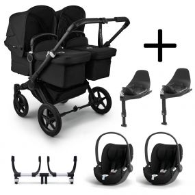Bugaboo Donkey 5 Tweeling Kinderwagen 3 In 1 Black Midnight Black Met Twee Cybex Cloud T Groep 0 Autostoelen + Isofix Base
