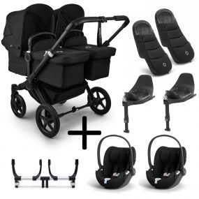 Bugaboo Donkey 5 Tweeling Kinderwagen 3 In 1 Black Midnight Black Met Twee Cybex Cloud T Groep 0 Autostoelen + Isofix Base + Voetenzak
