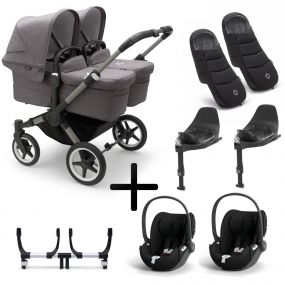 Bugaboo Donkey 5 Tweeling Kinderwagen 3 In 1 Graphite Grey Melange Met Twee Cybex Cloud T Groep 0 Autostoelen + Isofix Base + Voetenzak