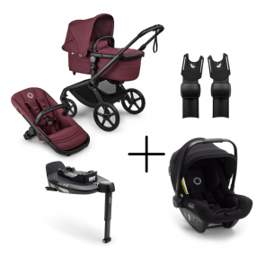Bugaboo Kinderwagen 3 in 1 Fox 5 Renew Complete Black | Dark Cherry + Bugaboo Autostoel Groep 0 Turtle Air by Nuna Black + Draaibare Isofix Base 360 + Autostoel adapters