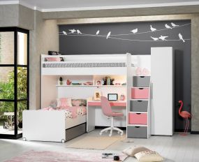 Neo Hoogslaper Met Bed + Bureau Klein + Kast 1 Deurs Pink