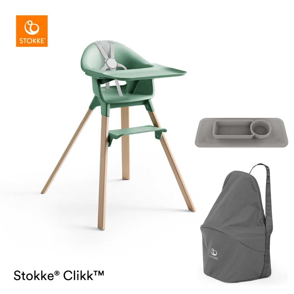 Stokke® Clikk™ Kinderstoel Clover Green + GRATIS Reistas en ezpz™ by Stokke™ Placemat