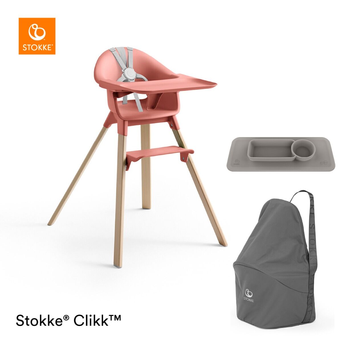 Stokke® Clikk™ Kinderstoel Sunny Coral + GRATIS Reistas en ezpz™ by Stokke™ Placemat 