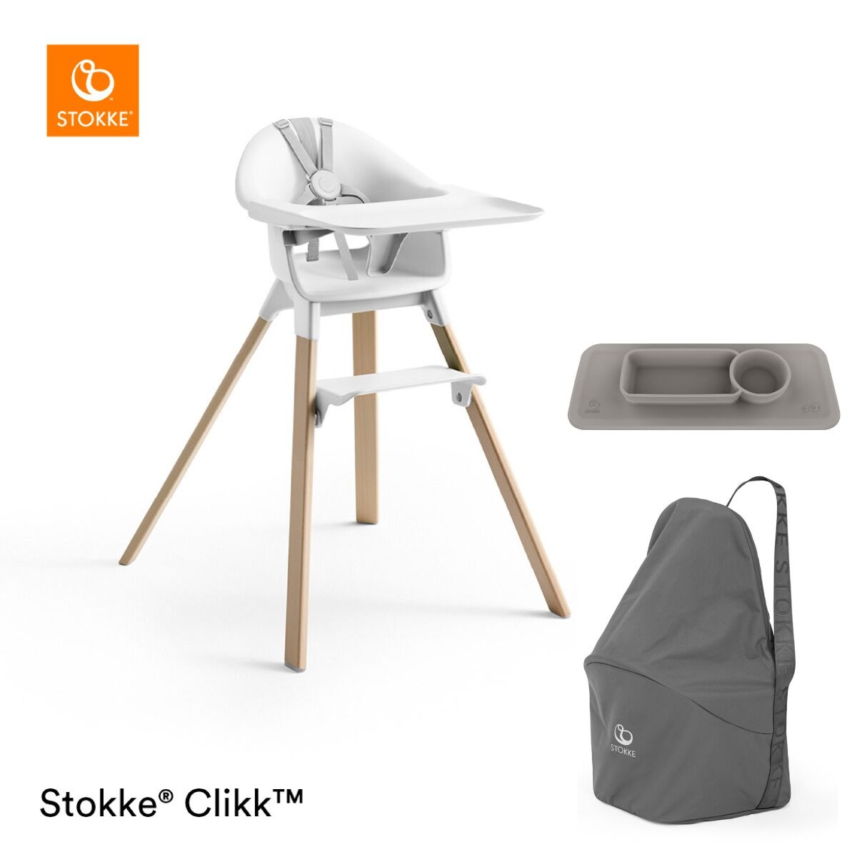 Stokke® Clikk™ Kinderstoel White + GRATIS Reistas en ezpz™ by Stokke™ Placemat