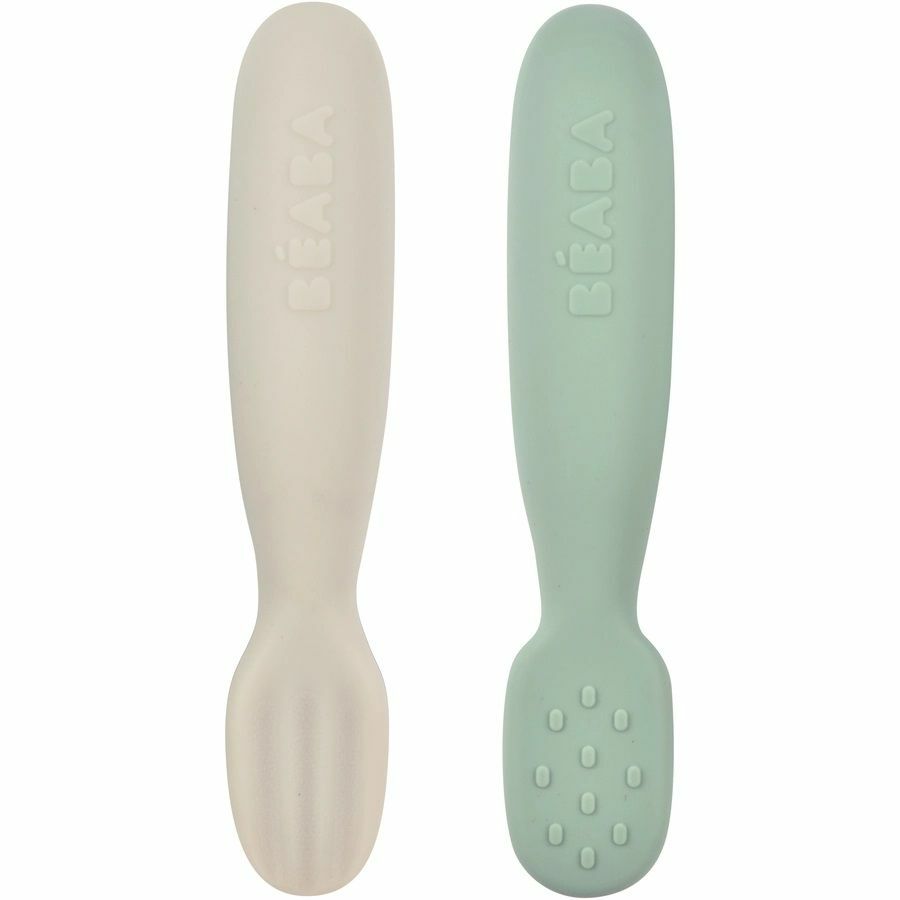 Beaba Set Van 2 Siliconen Oefenlepels Sage Green/Velvet Grey