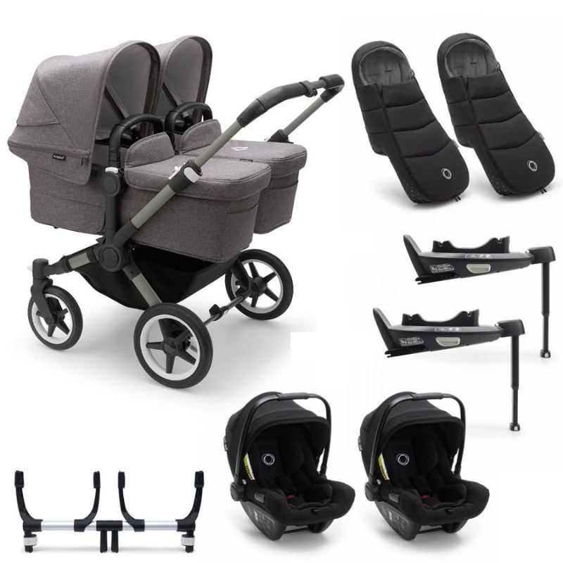 Bugaboo Donkey 5 Tweeling Kinderwagen 3 In 1 Graphite Grey Melange + Isofix Base + Voetenzak