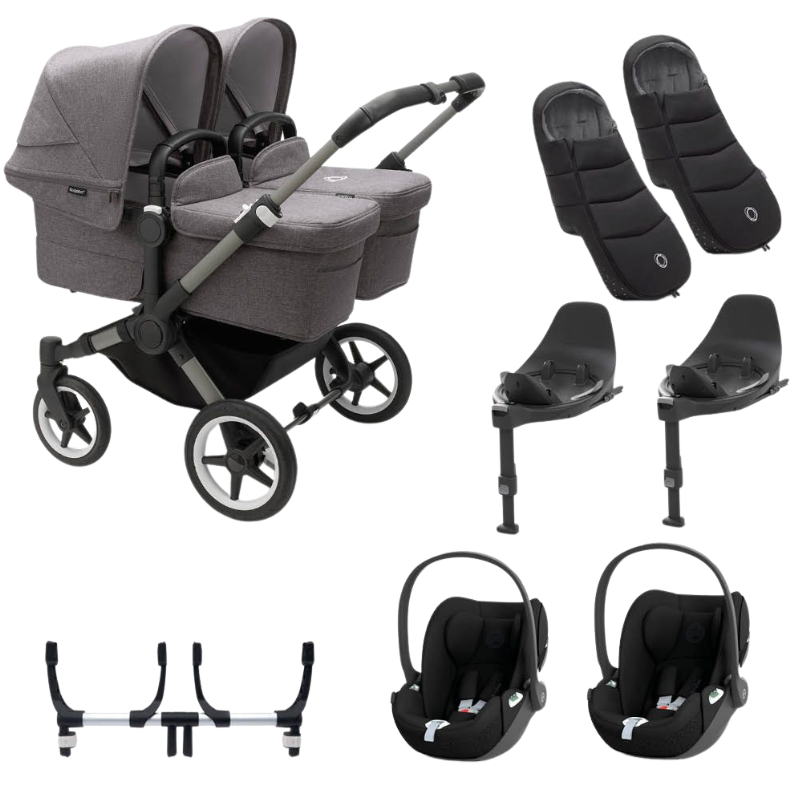 Bugaboo Donkey 5 Tweeling Kinderwagen 3 In 1 Graphite Grey Melange Met Twee Cybex Cloud T Groep 0 Autostoelen + Isofix Base + Voetenzak