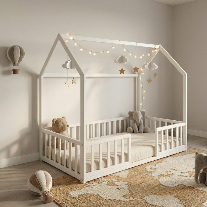 Kinderbed Luk 140x70 met afbeeldingen voor kinderen en een railing